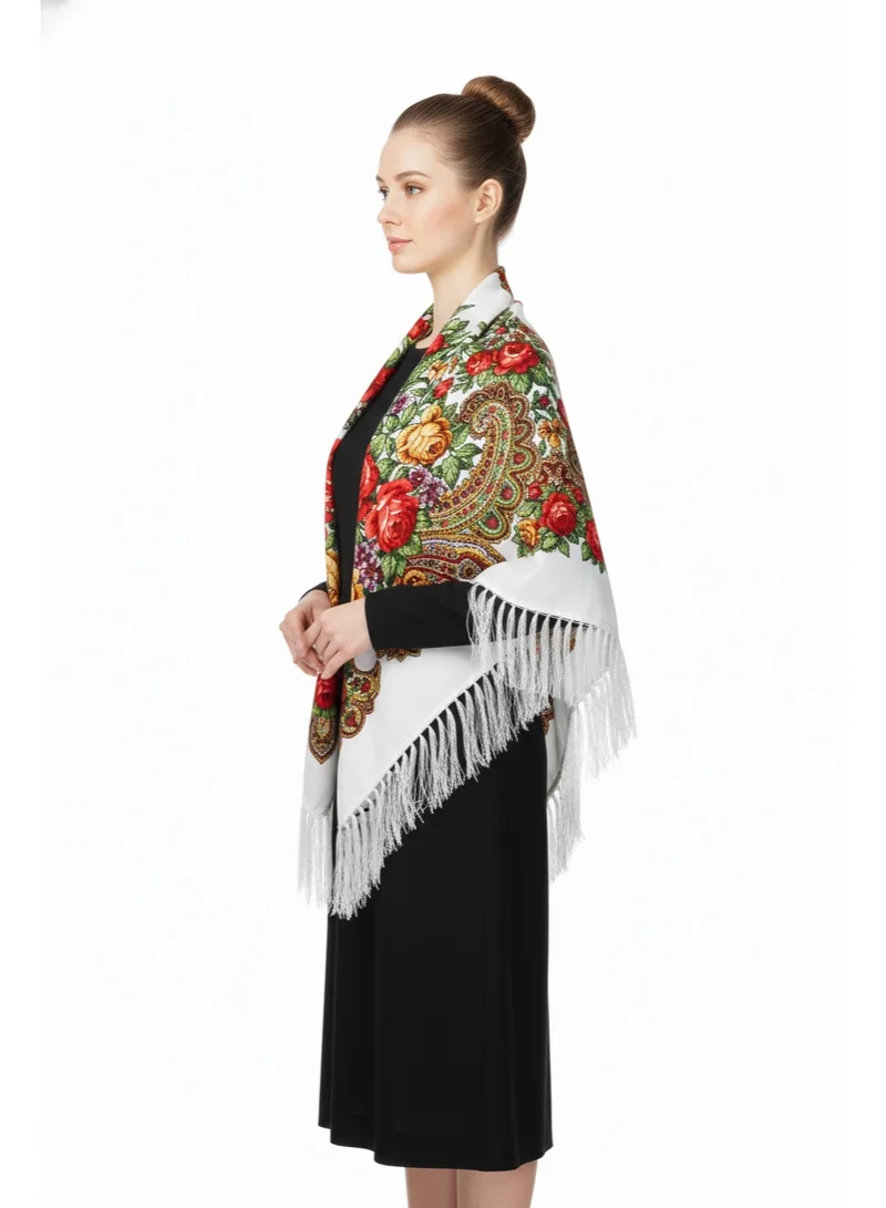 Bidani Golden Petal Folk Shawl – Ivory Base